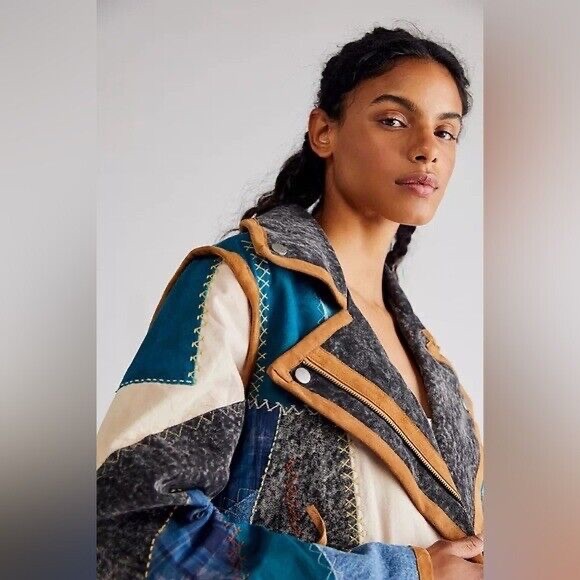 Free People Leia Denim Patchwork Moto Jacket NEW - Picture 5 of 16